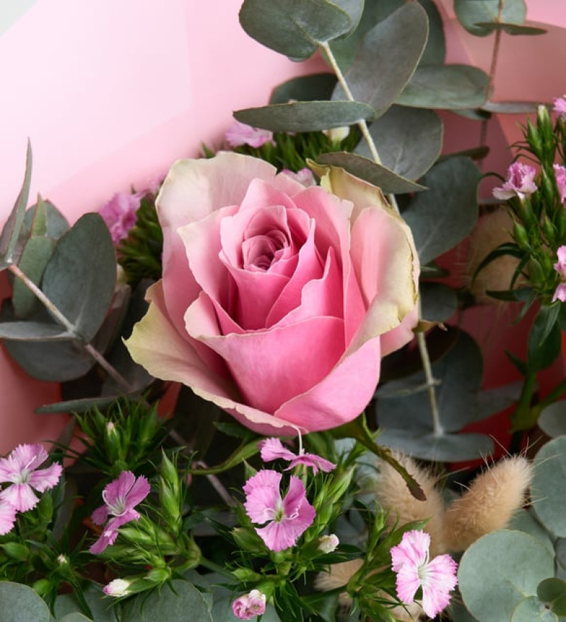 Pembe Bukette Pembe Gül ve Okaliptus